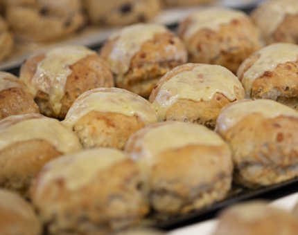 A tray of cheese scones, fresh out of the oven.